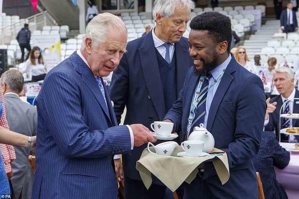 The Prince of Wales, as Patron of the Big Lunch, during the Big Jubilee Lunch with tables set up on the pitch at The Oval cricket ground, London, Sunday June 5, 2022