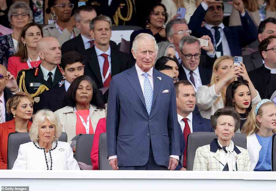 Camilla, Duchess of Cornwall, Prince Charles, Prince of Wales, and Princess Anne, Princess Royal, June 5, 2022