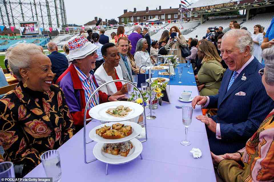 Charles, Prince of Wales chats with guests at the Big Jubilee Lunch at the Oval in London on June 5, 2022