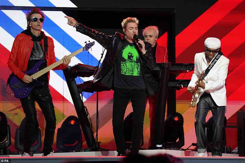 Duran Duran and Nile Rodgers perform during the Platinum Party at the Palace staged in front of Buckingham Palace