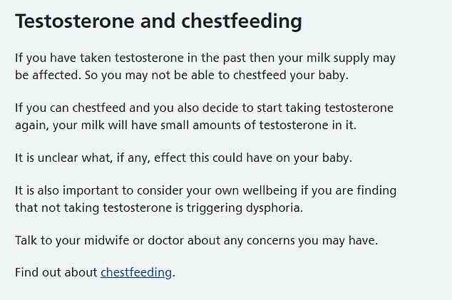 Die Seite sagt auch, dass Testosteron durch die Muttermilch an Babys weitergegeben werden kann, fügt aber hinzu, es sei „unklar“, welche Auswirkungen die Weitergabe des Hormons an ein Baby haben könnte