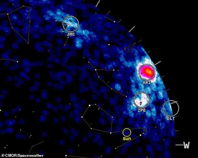 Bild vom kanadischen Meteor Orbit Radar, das einen Hotspot der Aktivität im Sternbild Widder nicht weit von der Sonne entfernt zeigt – ein Hinweis auf die Aktivität des Arietiden-Meteorschauers