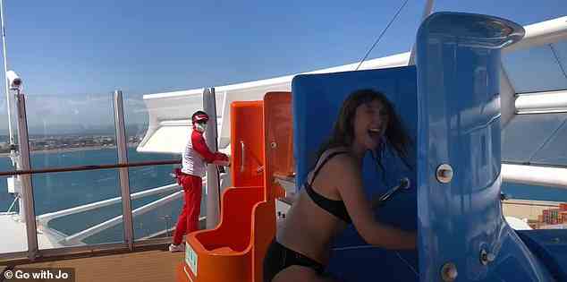 Jo prepares to ride the ship's high-speed water slides - a trio of slides called ¿The Perfect Storm¿
