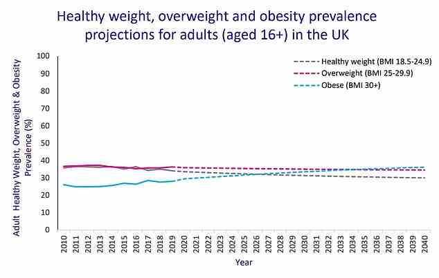 Eine Analyse von Cancer Research UK zeigt, dass 71 Prozent der Menschen bis 2040 übergewichtig oder fettleibig sein könnten. Davon sind wahrscheinlich fast 36 Prozent Erwachsene (21 Millionen) fettleibig (blau gepunktete Linie).  Grafik zeigt: Prognosen für den Anteil von gesunden (grau), übergewichtigen (rosa) und fettleibigen (blau) Erwachsenen im Vereinigten Königreich von 2010 bis 2040