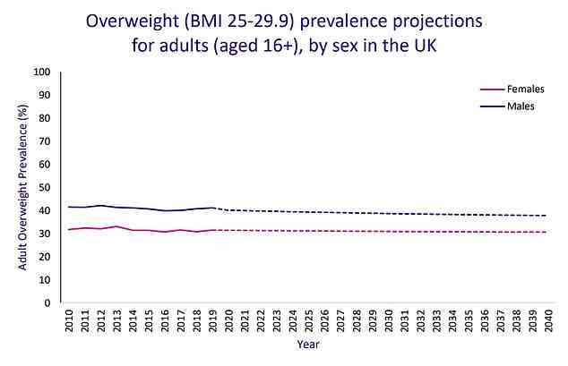 Diagramm zeigt: Prognosen für den Anteil von Männern (lila) und Frauen (rosa), die im Vereinigten Königreich von 2010 bis 2040 übergewichtig sein werden