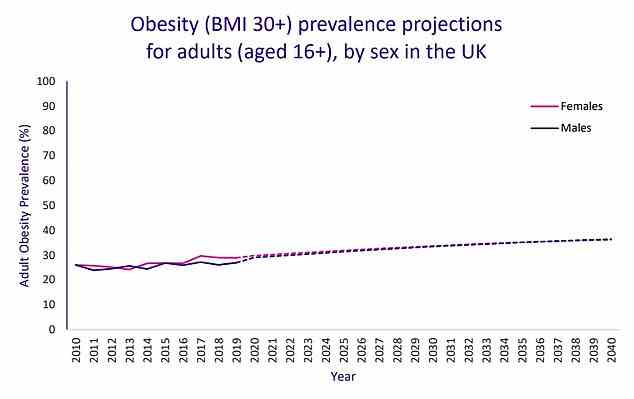 Diagramm zeigt: Projektionen für den Anteil von Männern (lila) und Frauen (rosa), die im Vereinigten Königreich von 2010 bis 2040 fettleibig sein werden