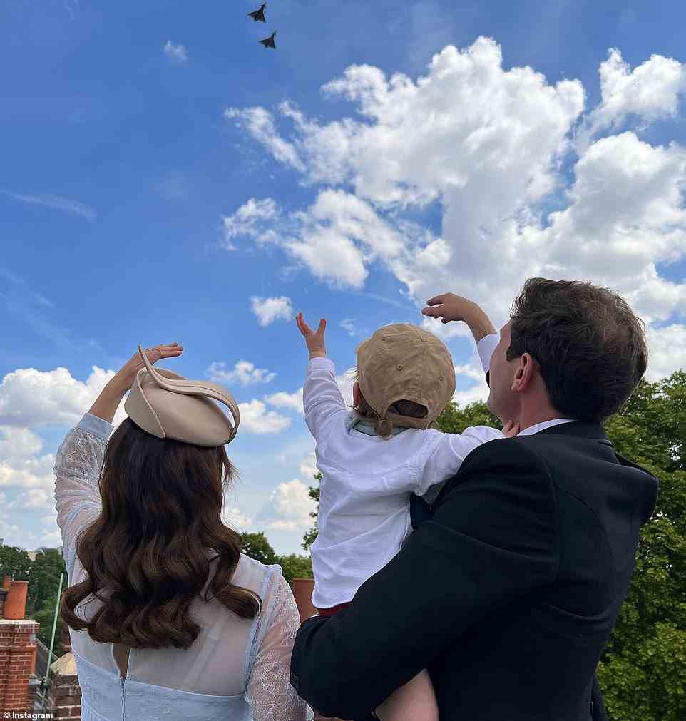 The Queen's granddaughter, 32, is pictured standing with husband Jack Brooksbank, 36, who is holding their one-year-old son August, in photographs posted to her Instagram stories Thursday