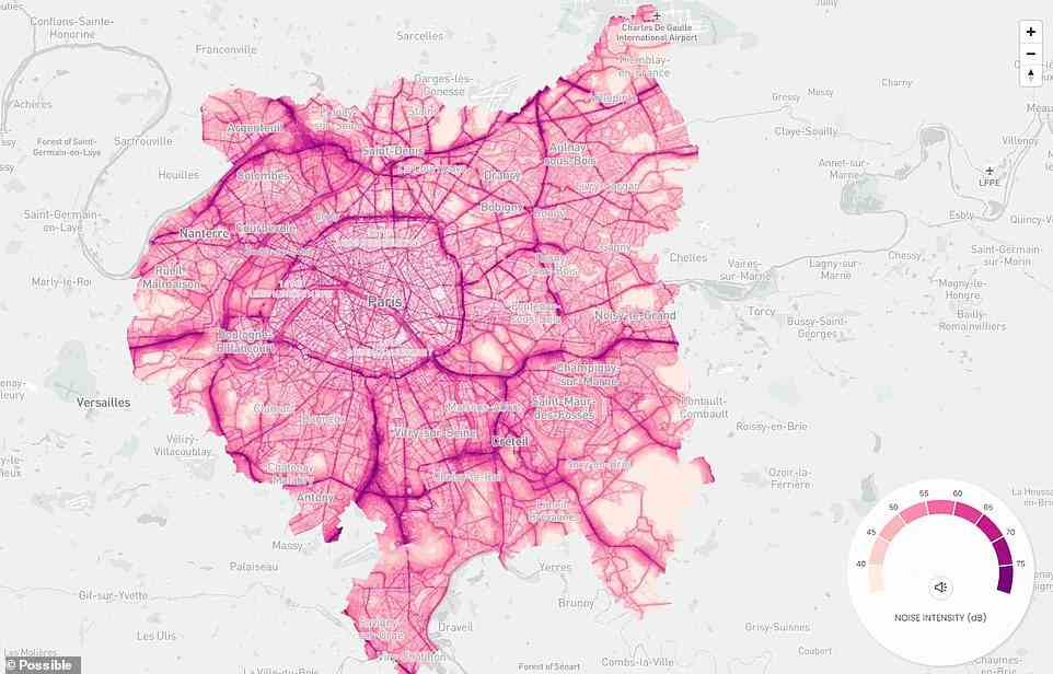 The Paris map was developed using data from monitoring stations on the Rumeur network from Bruitparif. The map reveals how, like London, Paris' main roads are the worst culprits for noise pollution