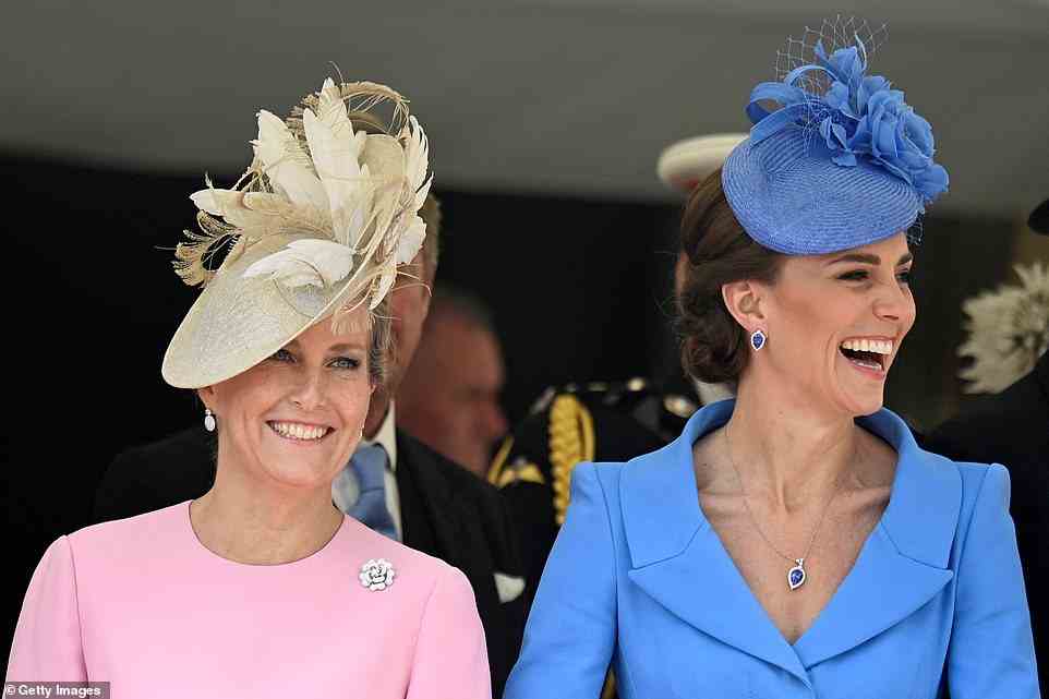 The Duchess shared a laugh with the Countess of Wessex at the occasion earlier this afternoon in Windsor
