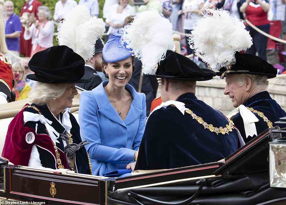 The Duchess of Cambridge was in high spirits as she shared a laugh her husband Prince William and her in-laws upon their departure from the event