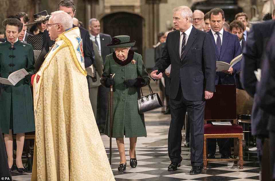 Pictured: Queen Elizabeth II and the Duke of York arrive at a Service of Thanksgiving for the life of the Duke of Edinburgh