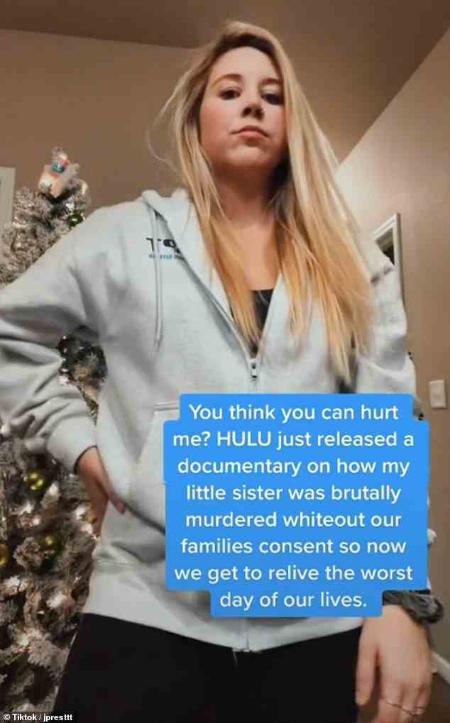 Now, Brooke's sister, Jordan Preston (pictured), has blasted the network in a series of TikTok videos for forcing her and her family to relive the 'worst day of their lives' in their documentary