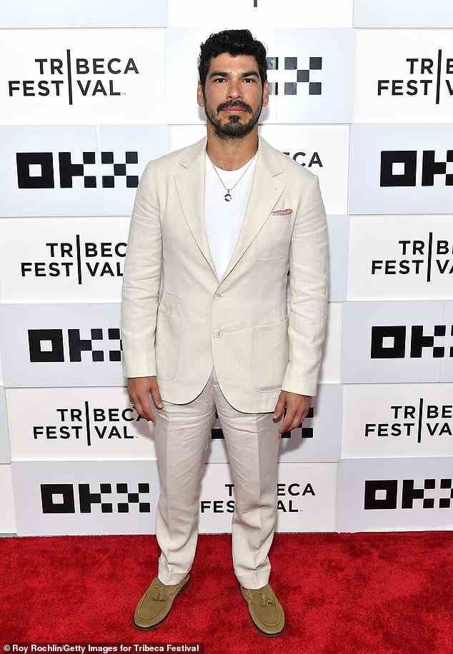 Linen look: Hustle actor Raúl Castillo - who plays Domino's attorney boyfriend Joseph - looked sharp in a beige suit over a white top and brown loafers