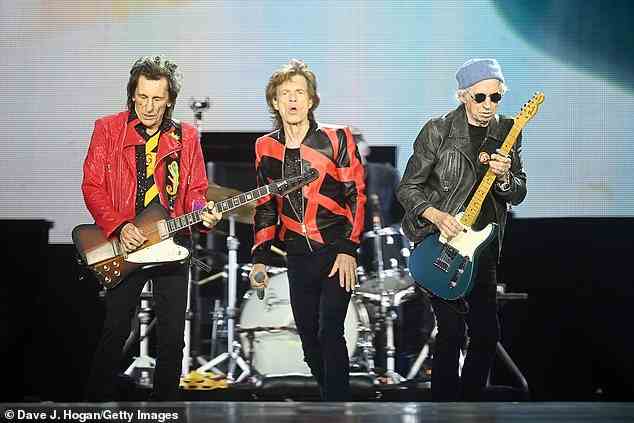 Rockstars: Mick put on a show-stopping performance with the Rolling Stones as they performed in Liverpool on Thursday for the first time since 1971 (L-R Ronnie Wood, Mick, Keith Richards)