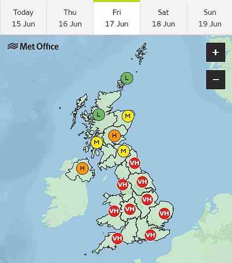 Ganz England ist bis Samstag auf „sehr hohe“ Pollenzahlen eingestellt, während der Rest des Vereinigten Königreichs bis Freitag mit hohen Pollenzahlen konfrontiert sein wird