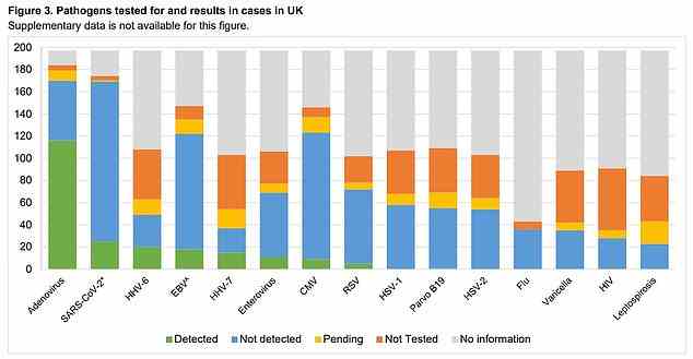 Adenovirus wurde in der Mehrzahl der weltweiten Hepatitis-Fälle bei Kindern nachgewiesen.  Grafik zeigt: Nachweis von Viren bei britischen Hepatitis-Fällen bei Kindern bis Mitte Mai