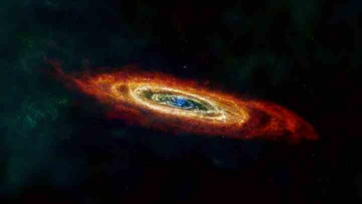 Die Andromeda-Galaxie oder M31 wird hier im fernen Infrarot und im Radiowellenlängenbereich gezeigt.