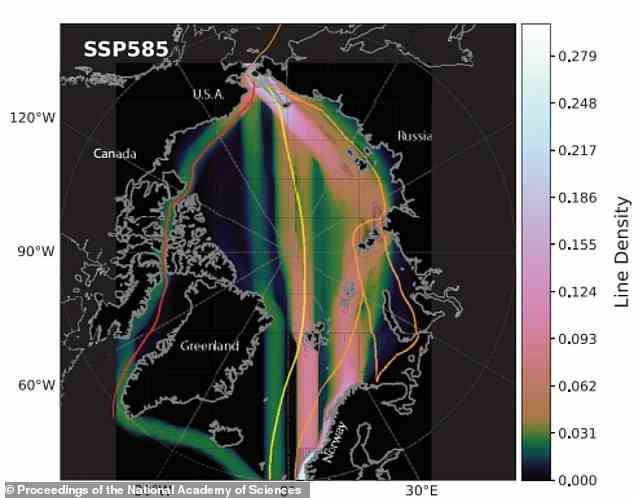 Beispiele für Routen durch die Arktis, die durch schmelzendes Eis schiffbar gemacht werden, sind die Transpolare Seeroute (gelb) und die Nordwestpassage (rot).