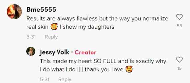 Jemand kommentierte eines ihrer Videos: „Die Art und Weise, wie Sie echte Haut normalisieren … zeige ich meinen Töchtern“, worauf Jessy antwortete: „Das hat mein Herz so erfüllt und genau das ist der Grund, warum ich tue, was ich tue.“