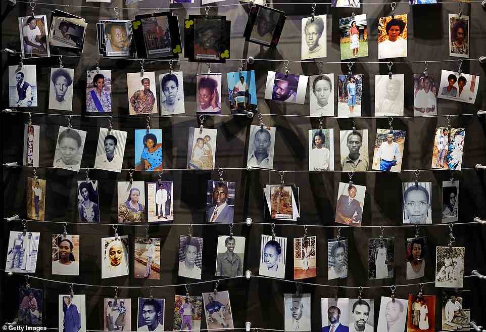 Photographs of victims are pictured on display at the Kigali Memorial for Victims of the 1994 Rwandan genocide