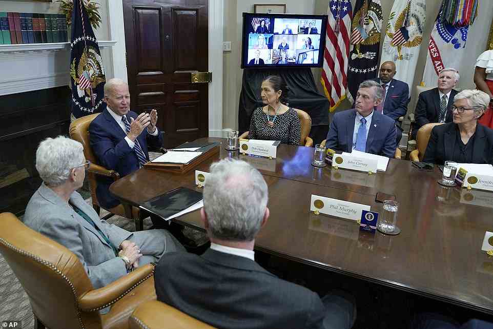 President Joe Biden speaks during a meeting in the Roosevelt Room of the White House in Washington, on  Thursday, with governors, labor leaders, and private companies launching the Federal-State Offshore Wind Implementation Partnership