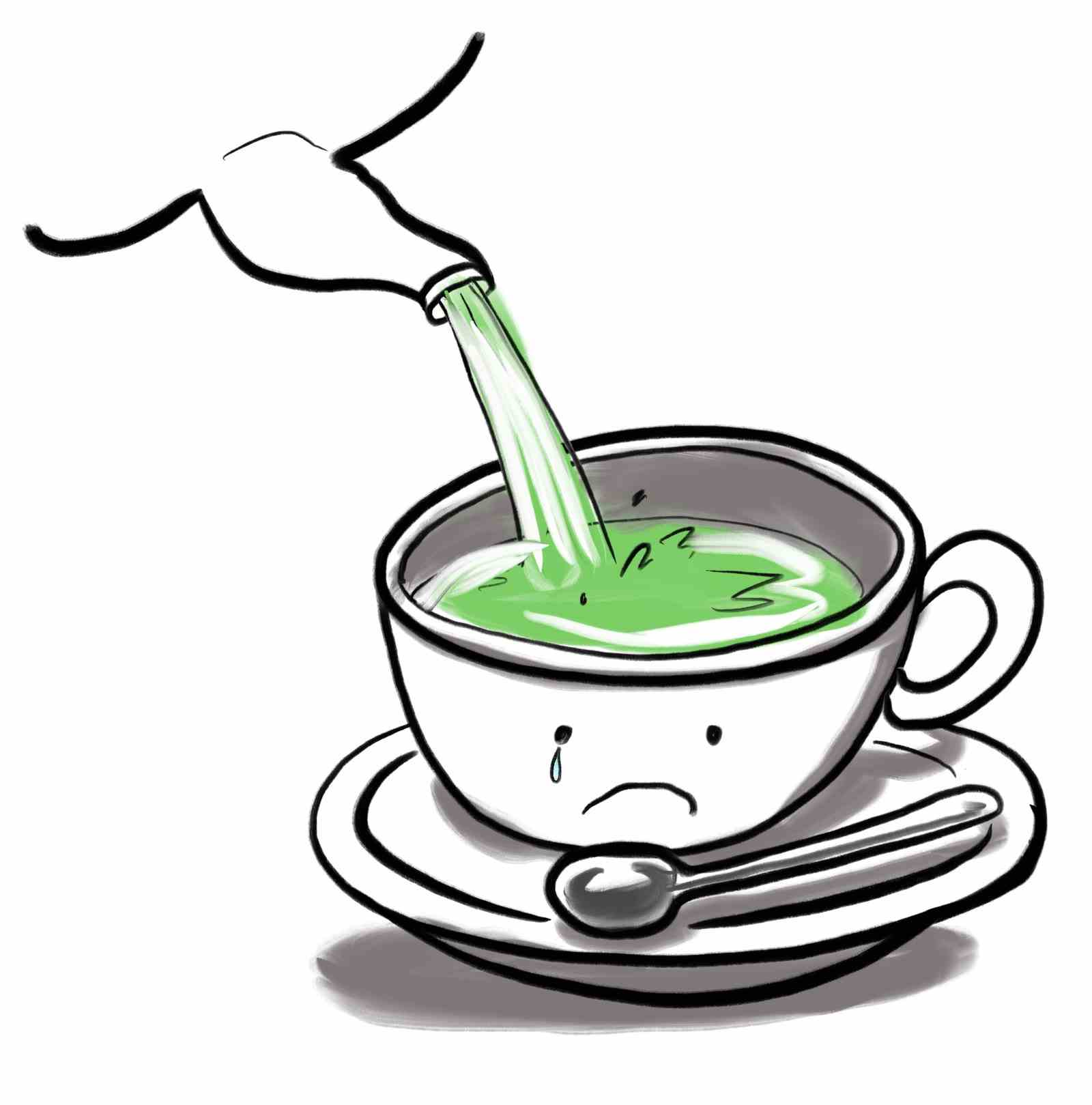 Teetasse runzelt die Stirn, während grüner Tee hineingegossen wird.