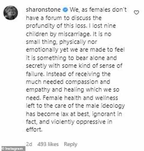 Profound loss: 'We, as females don’t have a forum to discuss the profundity of this loss. I lost nine children by miscarriage,' Stone wrote about her experience in June 2022