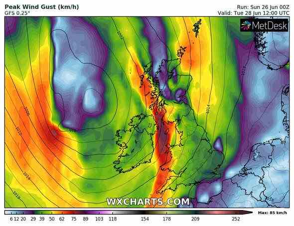 Am Dienstag um 12 Uhr werden die Irische See, Cornwall und die walisische Küste von 89 km/h getroffen