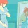 Dieser Cartoon zeigt eine Frau, die sich im Spiegel betrachtet