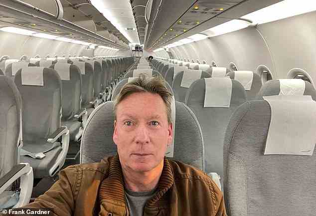 Last month, BBC security correspondent Frank Gardner shared on Twitter the picture, above, of his empty plane cabin, and told his 112,000 followers that he'd been stuck on the runway at Heathrow for half an hour after everyone else had got off