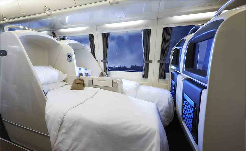 Pictured is a RailBed seat on Spirit of Queensland. These seats flatten out into beds and the ticket price includes all-inclusive meals that are served seat-side