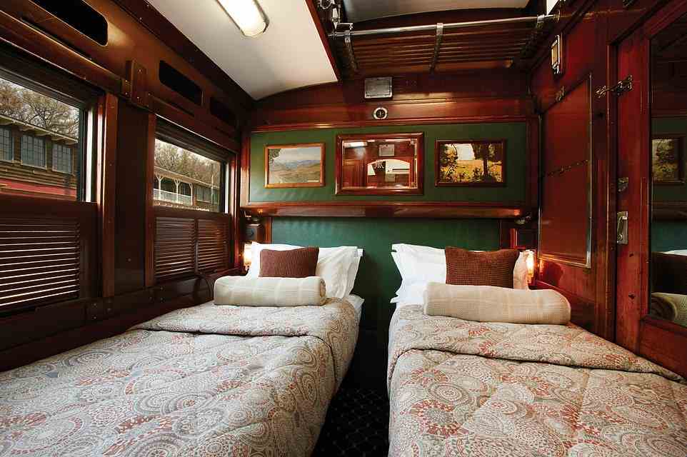 Of the 36 cabins onboard the Shongololo Express, 30 are Gold class and six are Emerald. The Emerald cabins are bigger and come with a small lounge area. This shot depicts a Gold twin cabin