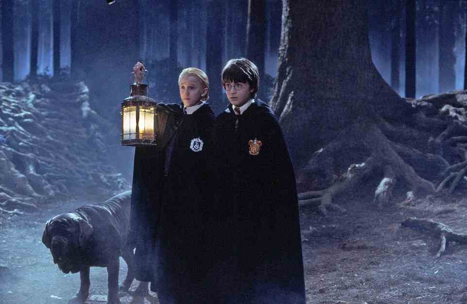 Oben Draco Malfoy (links, Tom Felton) und Harry Potter (rechts, Daniel Radcliffe) betreten den Verbotenen Wald in Harry Potter und der Stein der Weisen aus dem Jahr 2001