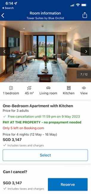 Die booking.com-Seite für ein Tower Suites Apartment mit einem Schlafzimmer, das Herr Tan sich angesehen hat