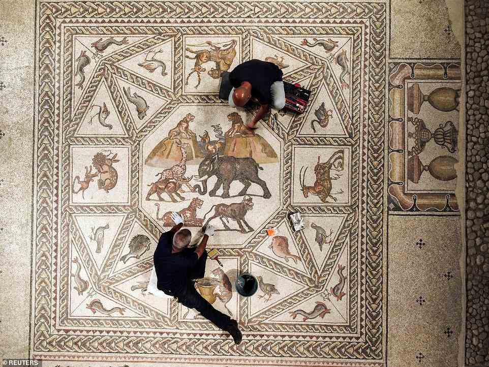 Das neue Zuhause des Mosaiks befindet sich im Shelbhy White and Leon Levy Mosaic Lod Archaeological Center.  Oben ist ein Arbeiter zu sehen, der ein Mosaik aus der Römerzeit mit Elefanten, Fischen und anderen Tieren reinigt