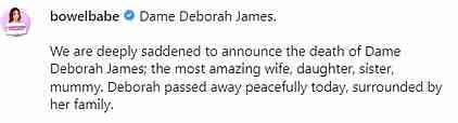 The death of podcast host and mother-of-two Deborah James at the age of 40 was announced by her family on Instagram