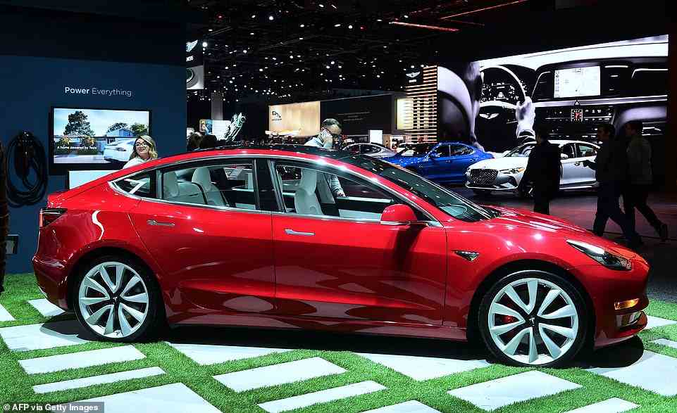 Hyundai's new bullet-like four-door saloon will go into direct competition with the most popular electric model of the moment, the Tesla Model 3 (pictured), which was the second most-bought passenger car in Britain last year