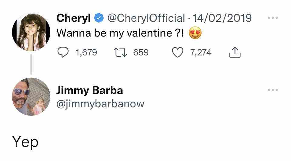 Frech!  Im Jahr 2019 bot sich Jimmy schnell als romantische Perspektive für Cheryl, 34, an, die twitterte: „Willst du mein Valentinsgruß sein?!“  was Jimmy dazu veranlasste, schnell mit „Yep“ zu antworten.