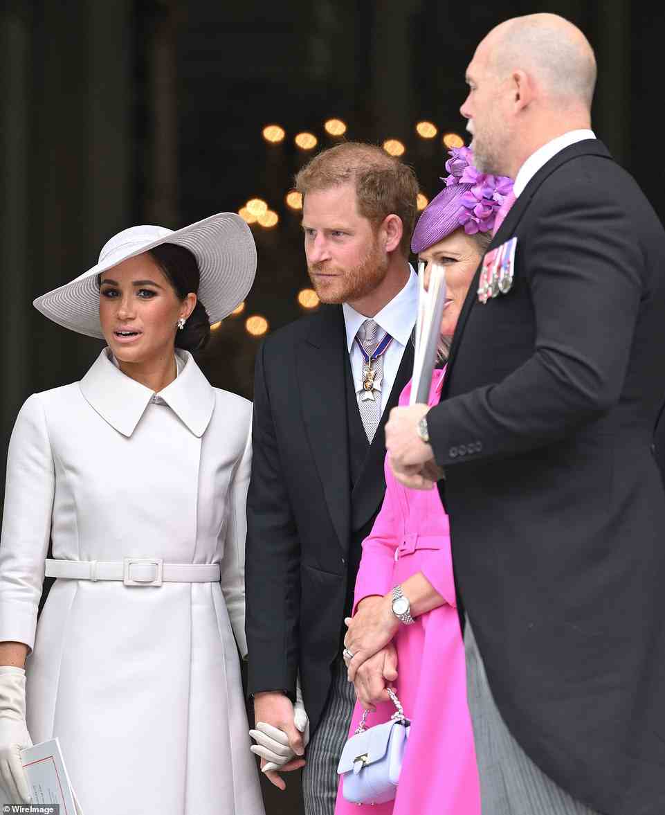 Following Friday's thanksgiving service at St Paul's, Mike Tindall was seen chatting with Prince Harry and his wife Meghan Markle, who had flown over from California to mark the Queen's milestone