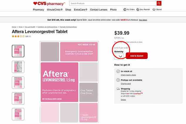 Der obige Screenshot von der CVS-Website zeigt, dass sie jetzt die Bestellungen der „Pille danach“ auf drei pro Person beschränken.  Sie sind auch für Plan B-Verkäufe begrenzt
