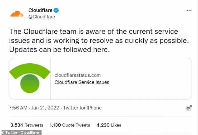 Cloudflare bestätigte das Problem in einem Update auf seinem offiziellen Twitter-Account