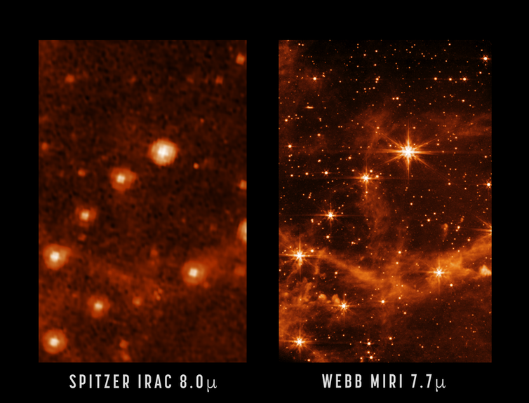 Zwei Bilder zeigen ein wirres Netz aus Sternen und Staub, aber das rechte ist viel schärfer.