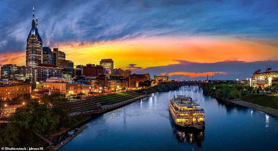 Bright lights, big city: Zoey Goto sets off on a Dolly Parton themed tour of Tennessee, taking her from the singer's birthplace in the Smokies to the city of Nashville (pictured), where she now lives