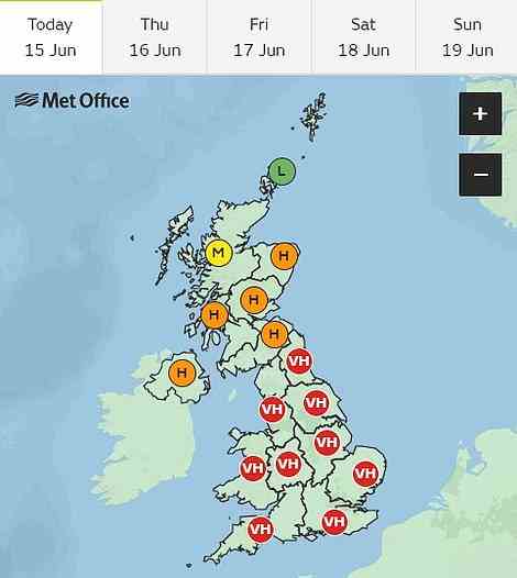 Ganz England ist bis Samstag auf „sehr hohe“ Pollenzahlen eingestellt, während der Rest des Vereinigten Königreichs bis Freitag mit hohen Pollenzahlen konfrontiert sein wird