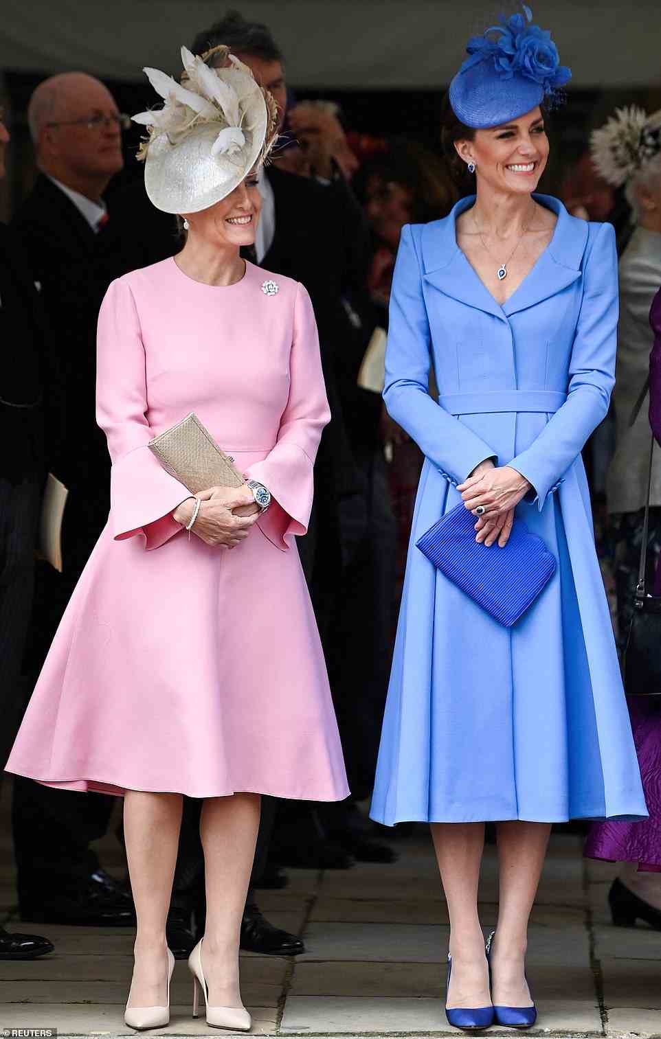 Kate Middleton, 40, cut a chic figure in a stunning coat dress and matching £560 Juliette Botterill hat as she joined fellow royals including the Prince of Wales, Duchess of Cornwall and Prince William for the occasion, which is one of the most colourful events in the royal calendar