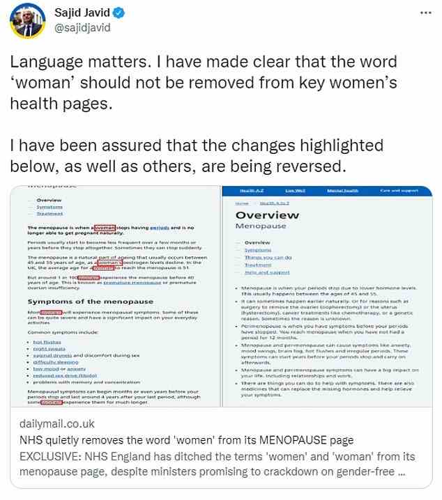 Sajid Javid promised to reverse gender neutral language in NHS advice after MailOnline revealed the term 'women' had been quietly erased from menopause advice in June