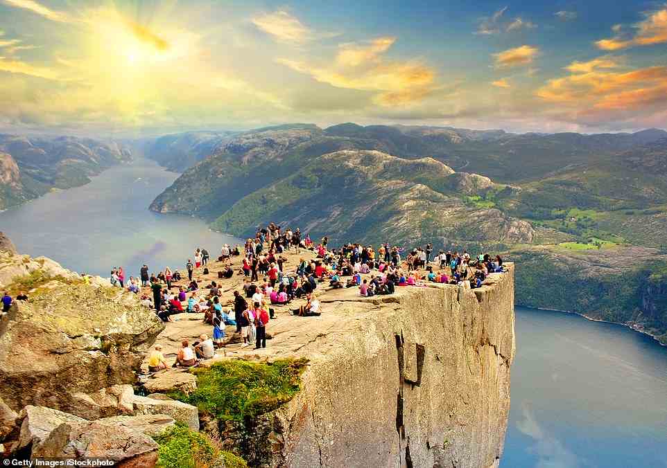 High life: Mark Jones explores Norway's west coast, which is home to one of the country's 'most majestic sites' - Pulpit Rock (pictured), a rocky perch 600 metres above Lysefjord