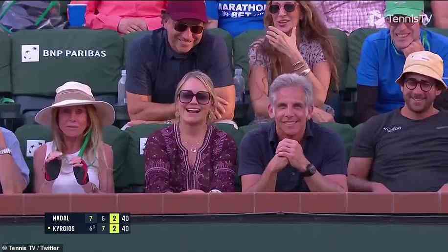 Actor Ben Still and wife Christine Taylor found the funny side of Kyrgios' antics after being drawn into his tirade at a heckler in the crowd