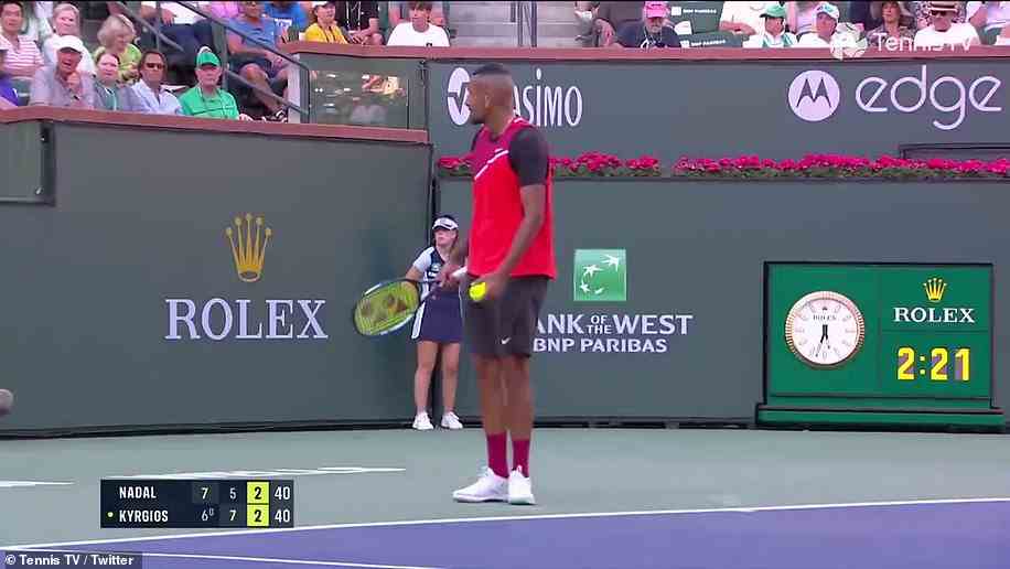 Kyrgios stopped his service to address a heckler in the stands during the third and final set at Indian Wells