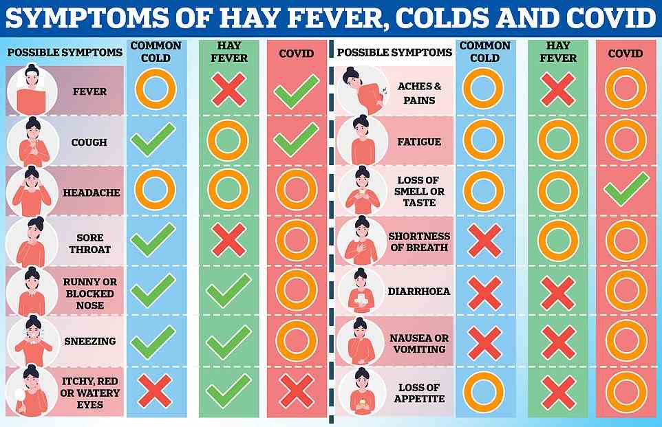 Graph shows: Common (green tick), occasional (orange circle) and never (red cross) symptoms of the common cold, hay fever and Covid
